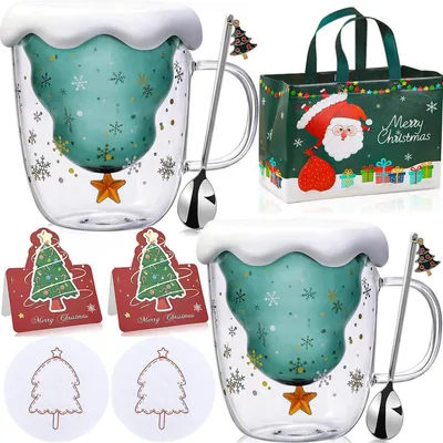 Immagine prodotto di Bicchieri doppi isolati, set da 2, design albero di Natale, vetro borosilicato, effetto isolante
