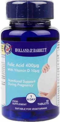 Obrázok produktu pre Holland & Barrett | Kyselina listová 400 mcg + vitamín D 400 IU / Podpora počas tehotenstva