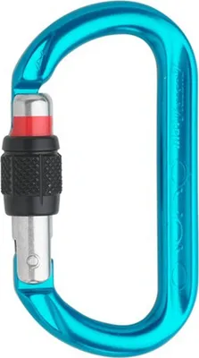 Schraubkarabiner Ovalo GI aus eloxiertem Aluminium in Blau mit schwarzem Verschlussmechanismus von Austri Alpin.