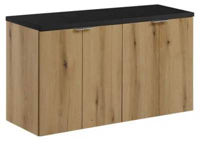 Image de Ensemble de salle de bain suspendu VANO aspect chêne et noir 100cm : meubles sous vasque à placards + plan pour vasque