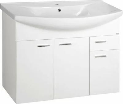 A white bathroom vanity with a sink on top, shown from the front.