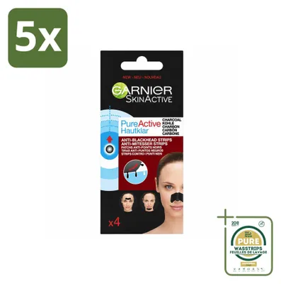 Imagen del producto de 5 tiras anti-granos Garnier Pure Active, con carbón activado, para nariz, frente y barbilla, pack ahorro, 5 unidades