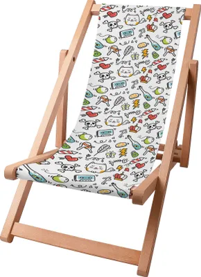 Immagine prodotto di Sdraio per bambini Dreamroots pieghevole in legno fino a 130 kg, lettino prendisole pieghevole con regolazione dell'inclinazione dello schienale in 3 fasi, gatto inquietante dei cartoni animati