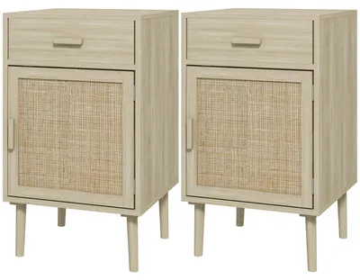 Produktbild von 2er-Set Nachttische mit Rattanschublade und verstellbarem Ablagefach, 40 x 40 x 68,5 cm, Eiche