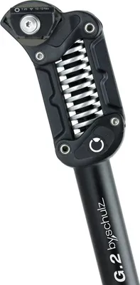 A close-up studio shot of a black bicycle seat post with a silver spring mechanism.