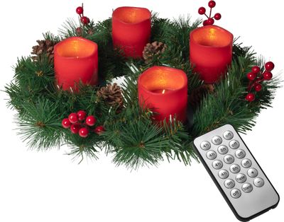 Künstlicher Adventskranz Ø 45 cm mit 4 LED Kerzen aus Echtwachs in rot oder creme | praktische Fernbedienung mit Timer und Lichtfunktionen | inkl. Kerzenhalter | nadelfrei (rot)