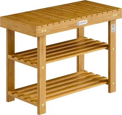A three-tiered wooden shoe rack with a seat on top.