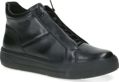 A black leather high-top sneaker with a platform sole.
