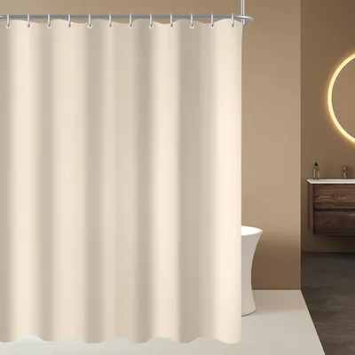 Produktbild von Duschvorhang 150 x 160 cm, beige, beschwerter Saum, schimmelresistentes, wasserabweisendes und waschbares Polyestergewebe, passend für Badezimmer und Badewanne, inklusive 12 Duschvorhangringen.