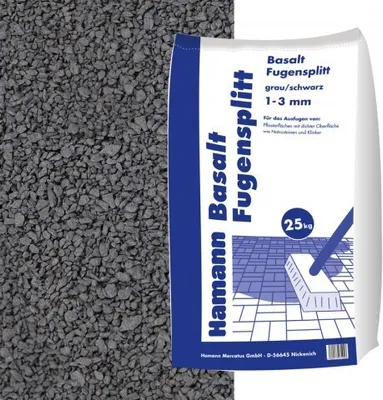 A bag of basalt fugensplitt (jointing sand) with product information and a graphic of a broom cleaning paving stones.