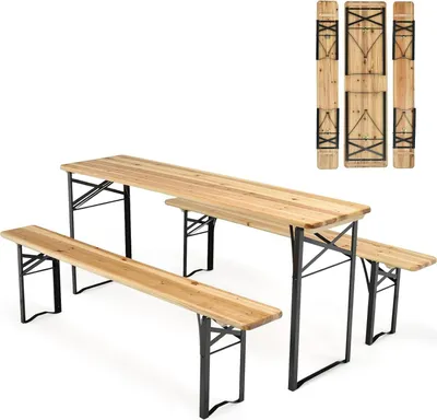 Produktbild von KOMFOTTEU Campingtisch mit Stühlen Klappbar, Bierzeltgarnitur mit 1 Biertisch & 2 Bierbänke, Picknicktisch faltbar & platzsparend, 176x46x76cm