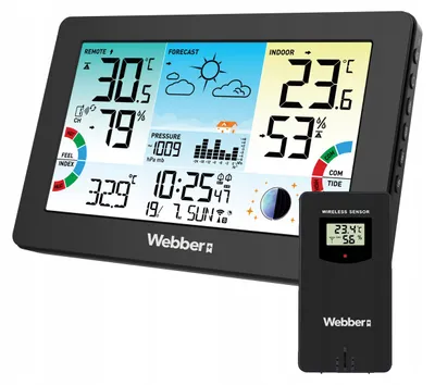 Zdjęcie produktu dla WEBBER WS303 – Stacja pogodowa: wyświetlanie danych pogodowych, czujniki, barometr, synchronizacja z DCF, fazy księżyca
