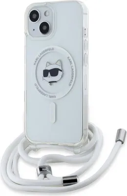 A transparent iPhone case with a Karl Lagerfeld Choupette Head design and a white cord strap, shown against a white background.
