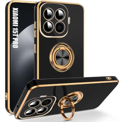 Image de Coque pour Xiaomi 15T Pro, Protection Silicone Antichoc avec Anneau Rotatif Noir