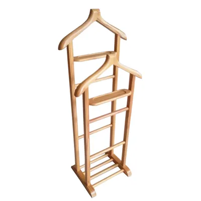 A wooden valet stand against a white background.