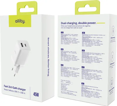 Immagine prodotto di Allity caricatore 45 W USB-C + USB, porte di tipo C e tipo A, per la ricarica di due dispositivi