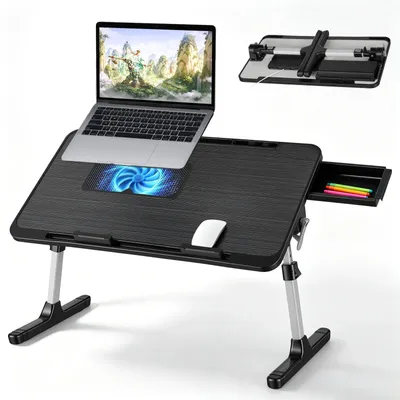 Image de Tablette d'ordinateur portable pour lit et canapé - Table pliante pour ordinateur portable - Réglable en hauteur - Inclinable - Avec ventilateur pour ordinateur portable et tiroir - 56 x 31,5 cm - Noir
