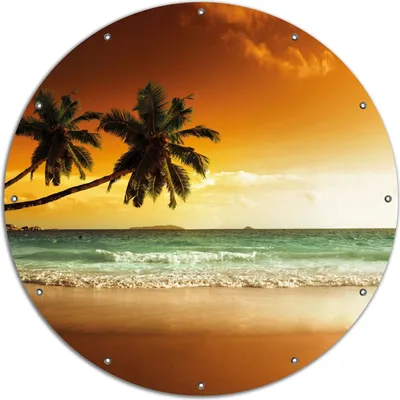 Produktbild von Wallario rundes Outdoor-Poster für Garten oder Balkon, Motiv Palmen am Sandstrand bei untergehender Sonne, 120 cm Durchmesser