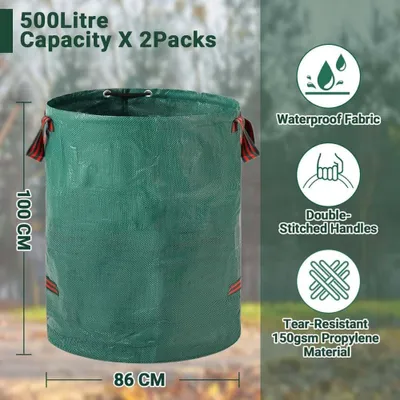Produktbild von AIORBER Gartenabfallsäcke,2x500L,wasserdicht & reißfest aus PP-Gewebe mit Kordelzug und 4 Griffen, ideal für Laub, Äste, Grünschnitt, 67 x 76 cm, Grün