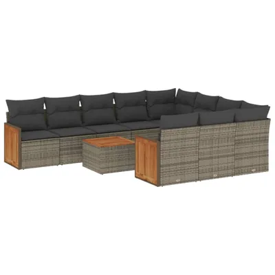 Image de Salon de jardin modulaire 11 places, résine tressée gris, table acacia, coussins déhoussables lavables, résistant aux UV