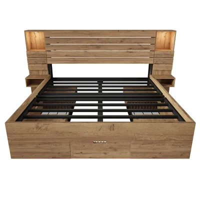 Produktbild von Abrihome Klassisches Bett 180x200cm Doppelbett mit LED-Beleuchtung und USB, Stauraumbett Massivholzbett mit Schubladen(Ohne Matratze)