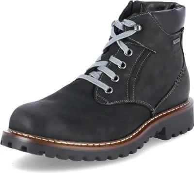A single black leather boot is shown against a white background.