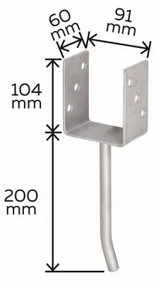 Immagine prodotto di Supporto per montanti a U 8x di Alberts con ancoraggio in acciaio tondo per calcestruzzo, 91x104 mm, ancoraggio da 200 mm, zincato a caldo, da incassare nel calcestruzzo