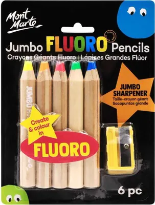 Produktbild von Mont Marte Jumbo Buntstift Set - 5 leuchtende Neonstifte mit 1 hochwertigen Bleistiftspitzer - für lebendige Kunstwerke und kreative Zeichnungen