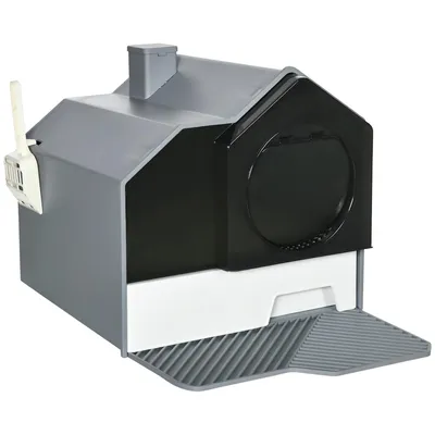 Produktbild von Katzentoilette mit Deckel Hütten-Design, Siebvorleger Streuschaufel grau