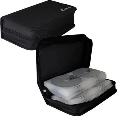 A black CD wallet is shown open and closed against a white background.