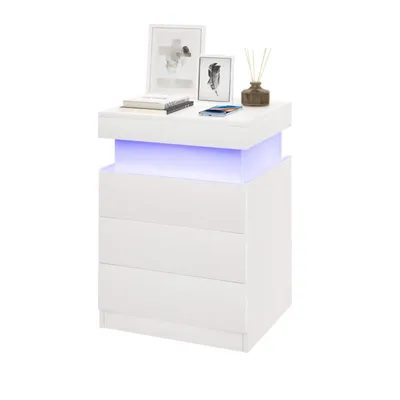 Image de Table de chevet, avec 3 tiroirs, éclairage LED, blanc