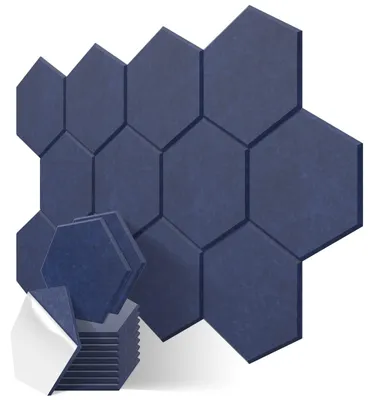 Obrázok produktu pre 12 kusov hexagonálnych akustických panelov, vysoká hustota, samolepiace, rozmer 30 x 26 x 1 cm, tmavomodrej farby