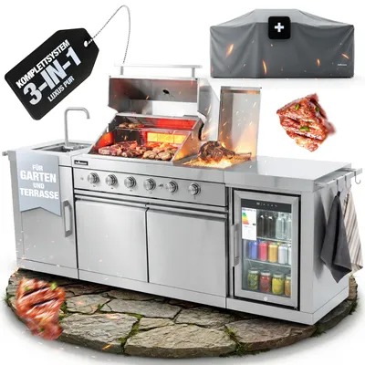 Produktbild von Flammenwerk Outdoor-Küche Edelstahl 6-Brenner 24,1 kW mit Spüle, Kühlschrank & Abdeckhaube