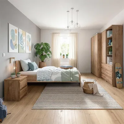 Produktbild von Jugendzimmer-Set mit Bett 120x200 cm & Kleiderschrank in Eiche, modern, 5-teilig - FORTALEZA-129