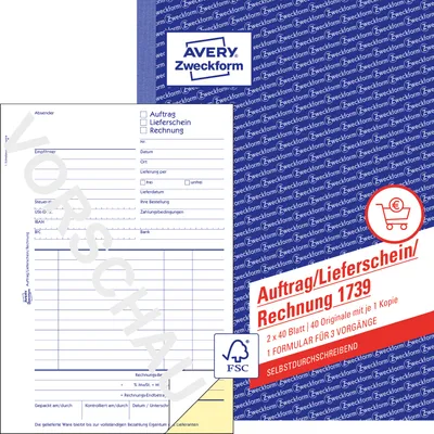 Produktbild von Avery Zweckform 1739, Auftrag/Lieferschein/Rechnung, A5, selbstdurchschreibend, 2x40 Blatt