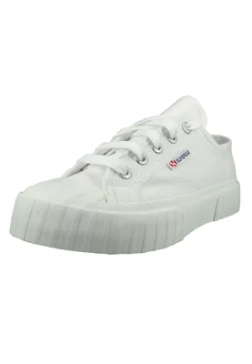 A white Superga sneaker is shown from a diagonal angle against a white background.