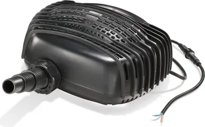 A black pond pump with a ribbed casing and a hose attachment on the left.