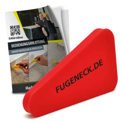 A red triangular tool and an instruction booklet are displayed on a white and gray background.