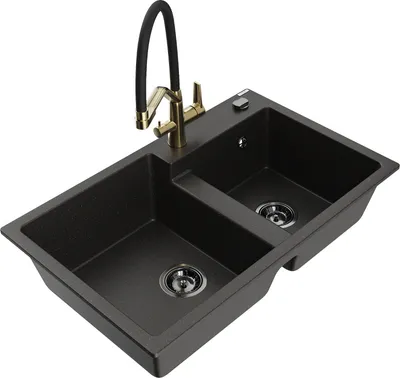 Produktbild von Mexen Tomas 2-Becken-Granitspüle mit Mischbatterie Duo, Schwarz/Gold metallisch - 6516-75-671701-57-B