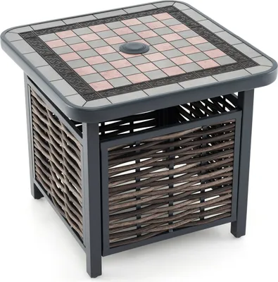 A square outdoor side table with a tiled top resembling a chessboard and a woven rattan-like base.
