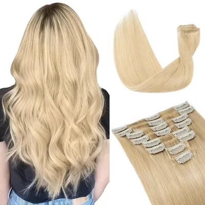 Immagine prodotto di Extension per capelli con clip, capelli veri, 8 pezzi, 55 grammi, 30 cm, biondo medio, Remy, 18 clip