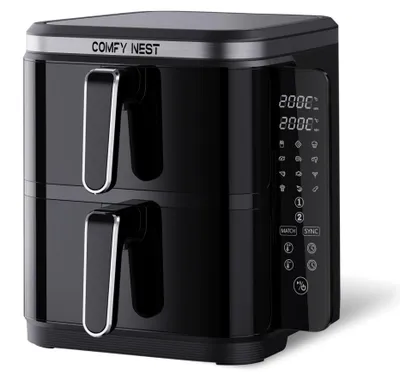 Zdjęcie produktu dla Comfy Nest CN-06177: Frytkownica powietrzna o mocy 2800W z podwójnym koszem i cyfrowym, składanym panelem bocznym - pojemność 11 litrów