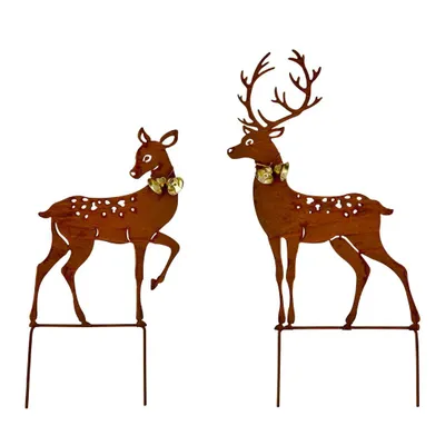 Two metal deer garden stakes with bells around their necks, set against a white background.