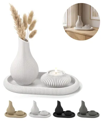 Immagine prodotto di Vaso rigato stile japandi con vassoio e portacandela LED, set decorativo – Bianco