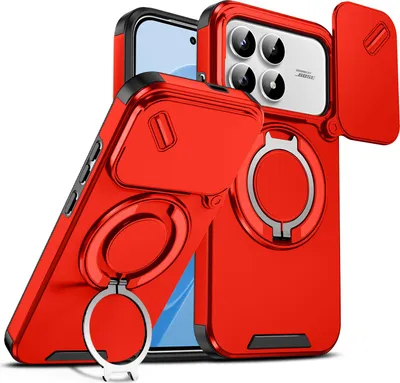 Produktbild von Handyhülle für Xiaomi Poco F8 Pro/Redmi K90 Dual-Layer Stoßfest Militär Hülle mit Dia Kameraschutz und Magnetisch Ring Ständer Rot