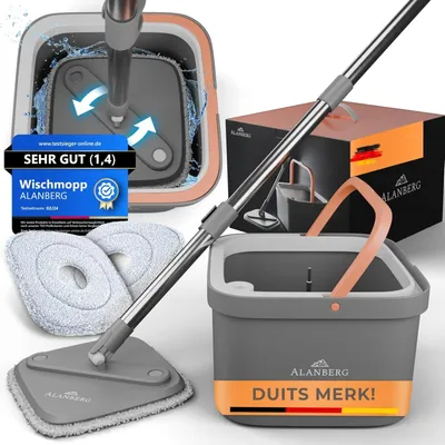 Imagen del producto de Sistema de limpieza Spinmop con cubo y exprimidor, 2 paños de microfibra, mango de acero, apto para todo tipo de suelos