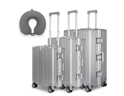 Produktbild von WINLIFE® 3in1 Koffer-Set M+L+XL mit anthrazit Nackenkissen – 53cm Handgepäck, 65cm Check-in-Trolley & 75cm XL Koffer, ABS, Alu-Rahmen, TSA-Schloss