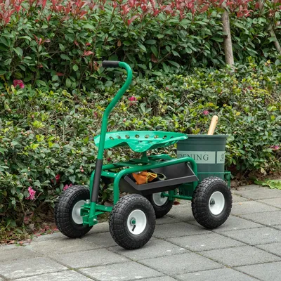 Produktbild von Gartenrollsitz 360° drehbar höhenverstellbar, Rollsitz Gartenwagen mit Ablage, Metall, Grün | 98 x 45 x 87 cm | bis 150 kg | lenkbares Vorderrad