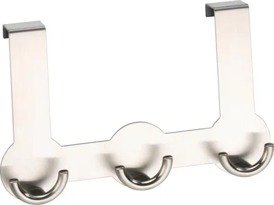A silver colored over-the-door hook with three hooks.