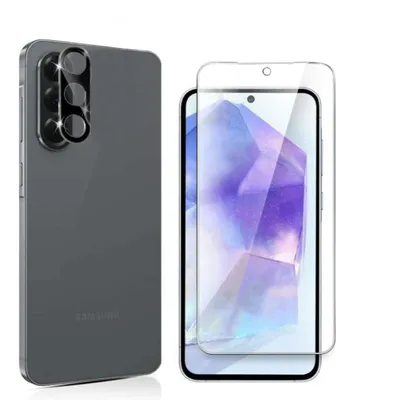 A smartphone case and screen protector are displayed against a white background.